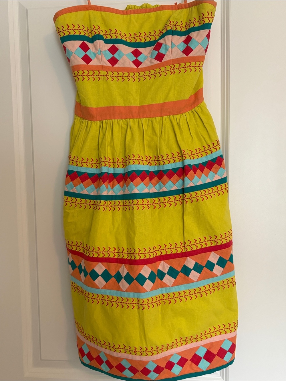 leifsdottir Strapless Yellow Dress with Multicolor Geometric Trim